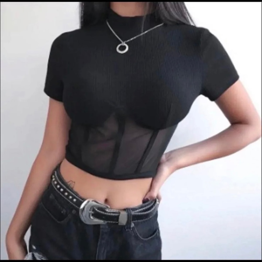 Sexy High Neck Partial Mesh Corset Crop Top